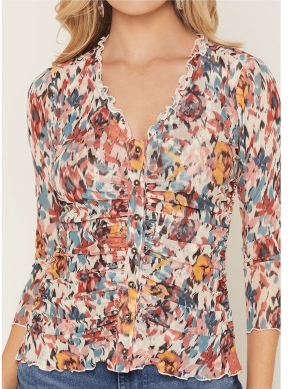 Shyanne Boot Barn Multi-Color Floral Ruched Pullover Mesh Top Medium